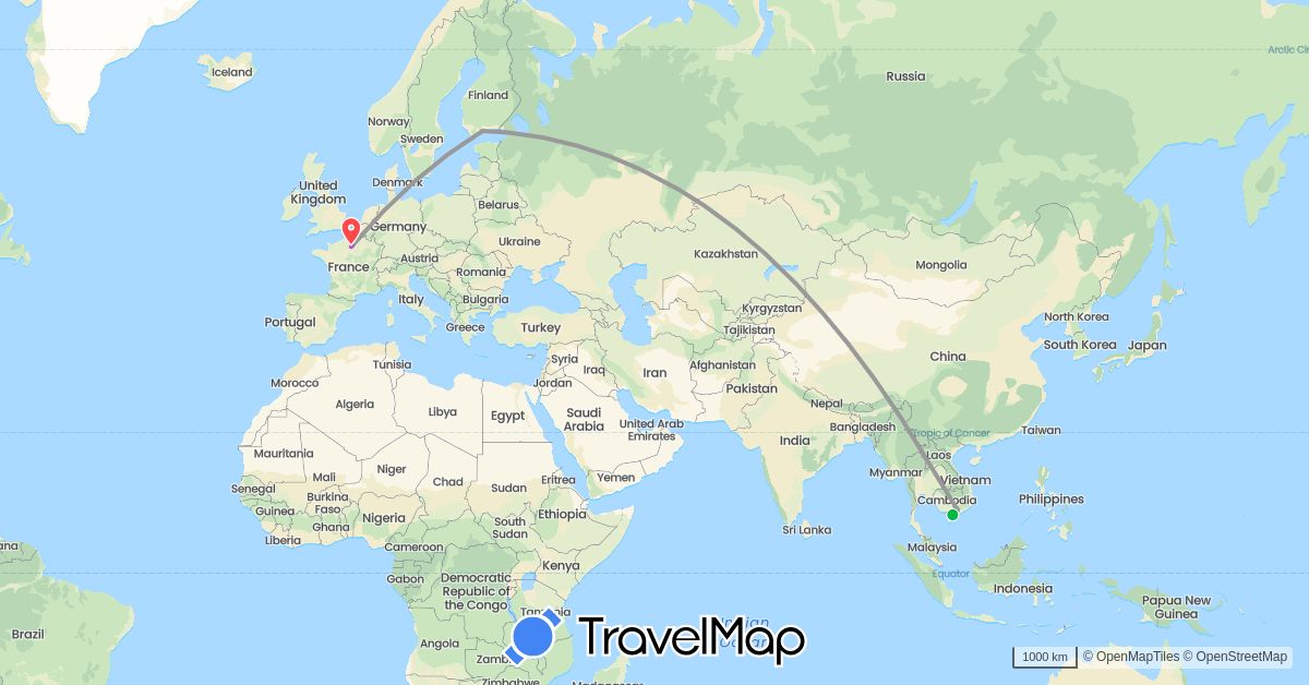 TravelMap itinerary: bus, plane, train, hiking in Finland, France, Vietnam (Asia, Europe)